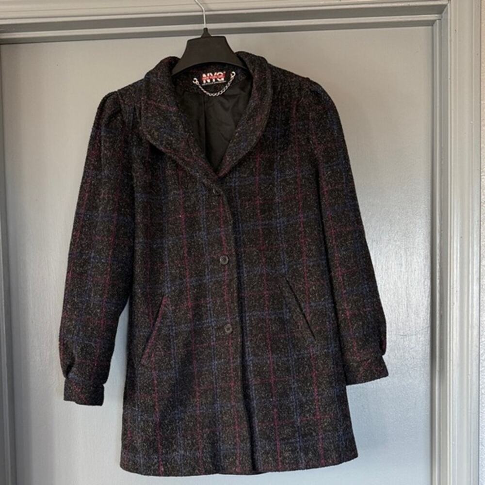 Vintage New York Girl Black Plaid Lined Coat Front Button USA Union Made sz 10